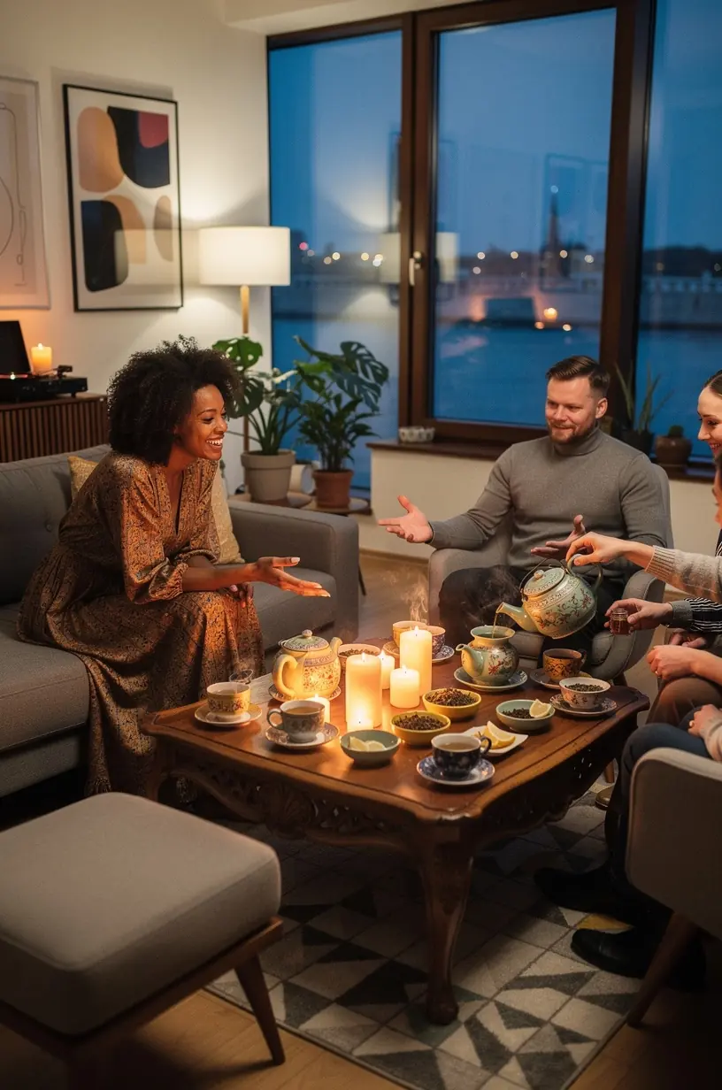 Šilta žolelių arbata ant medinio stalo šalia uždegtos žvakės ramiai vakaro atmosferai kurti.